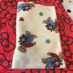 Vintage Blue Jean Teddy Bear Fleece Baby Blanket Hearts 30x40